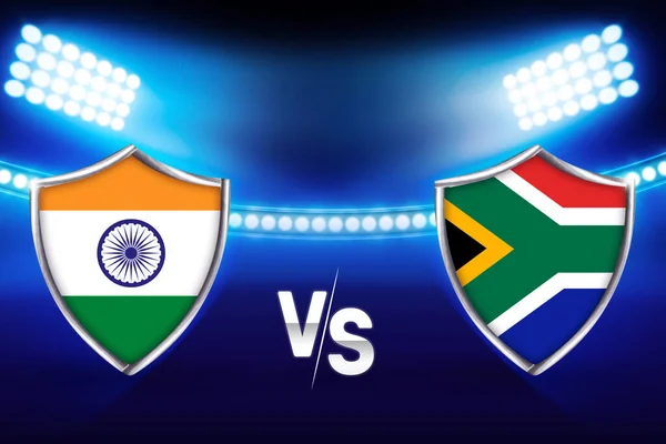 India Vs South Africa cricket match fixture background with glowing blue lights stadium in the backdrop.