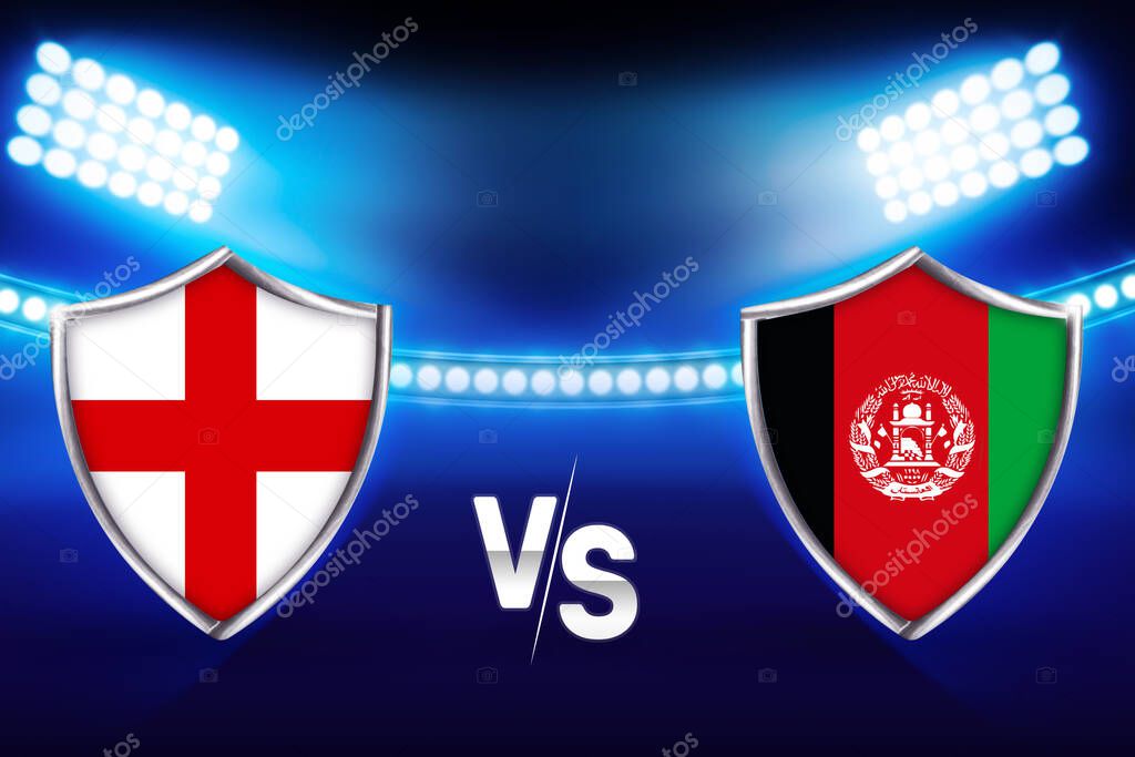 England vs Afghanistan Cricket Match Fixture concept background with glowing blue stadium lights
