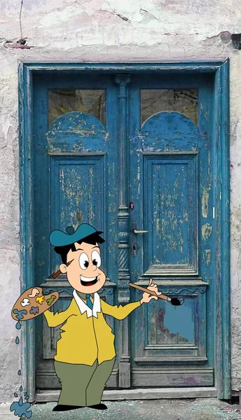 Painter Standing Door Painting Them Photography Combined Drawing — Stockfoto