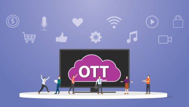 Akıllı TV, modern düz stil vektör illüstrasyonunun etrafındaki insanlarla birlikte en üst düzey platform servis konsepti üzerinde ott