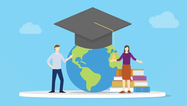 Concepto Educación Global Con Las Personas Mundo Con Sombrero Graduación — Archivo Imágenes Vectoriales