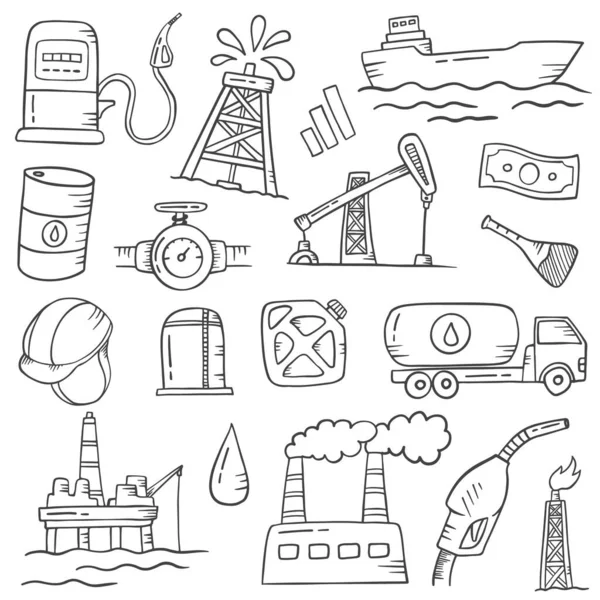 Indústria Petróleo Gás Doodle Coleções Conjuntos Desenhados Mão Com Esboço — Vetor de Stock