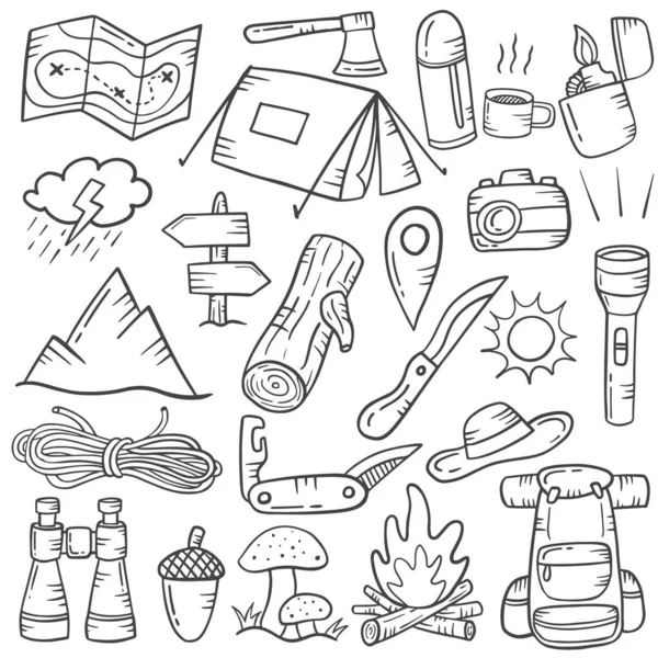 Camping Concept Doodle Hand Drawn Set Collections Outline Black White — Stock Vector