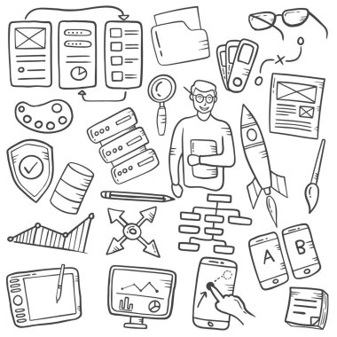 ux tasarımcı konsept doodle el çizimi set kolleksiyonları ana hatları siyah ve beyaz stil illüstrasyon