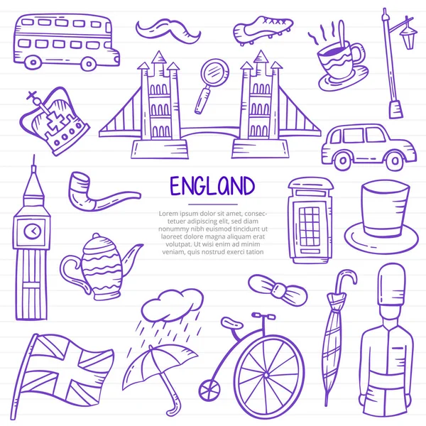 Inglaterra País Londres Doodle Mão Desenhada Com Estilo Esboço Livros — Vetor de Stock