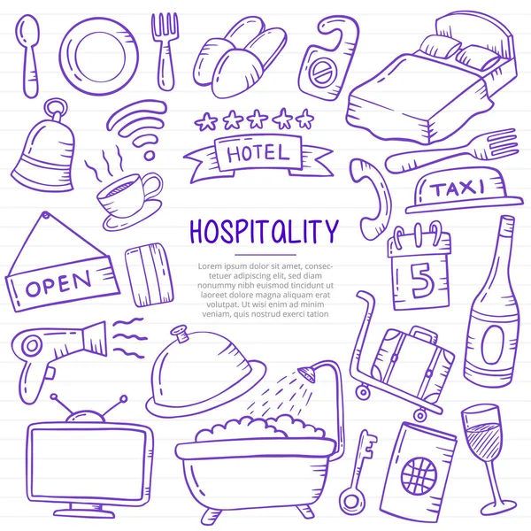 Hospitality Doodle Hand Drawn Outline Style Paper Books Line Vector — Stock Vector