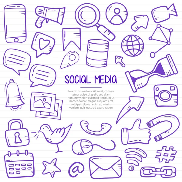 Médias Sociaux Doodle Dessiné Main Avec Style Contour Sur Papier — Image vectorielle