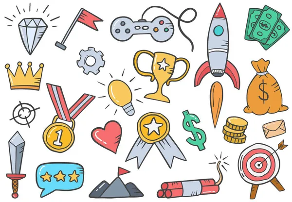 Gamification Technology Concept Doodle Hand Drawn Set Collections Flat Outline — Vetor de Stock