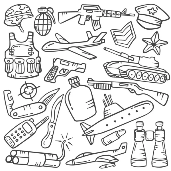 Military Doodle Hand Drawn Set Collections Outline Black White Style — Stock Vector