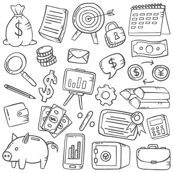 Negocio Finanzas Doodle Mano Dibujado Conjunto Colecciones Con Contorno Ilustración — Vector de stock