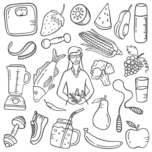 Nutrizionista Doodle Disegnato Mano Set Collezioni Con Contorno Bianco Nero — Vettoriale Stock