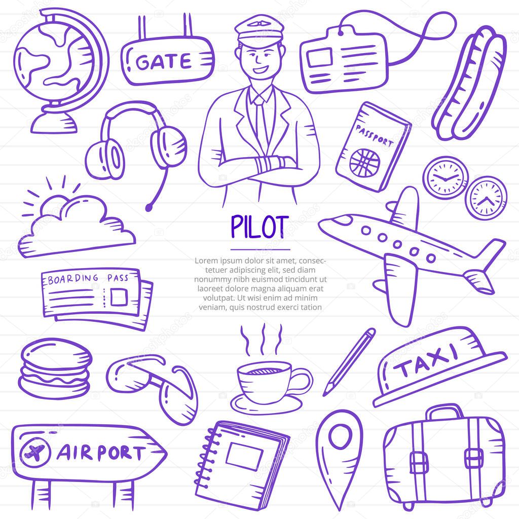 pilot doodle hand drawn with outline style on paper books line vector illustration