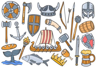 Vikings düz hatlı çizim biçimi illüstrasyonlu el çizimi koleksiyonu çizer