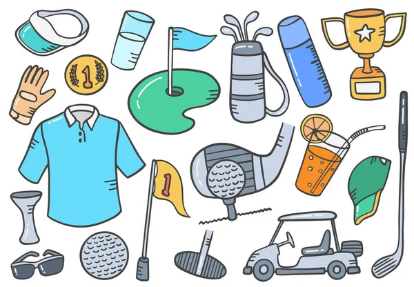 Golf Sport Doodle Kézzel Rajzolt Készlet Gyűjtemények Lapos Körvonalú Stílus — Stock Vector