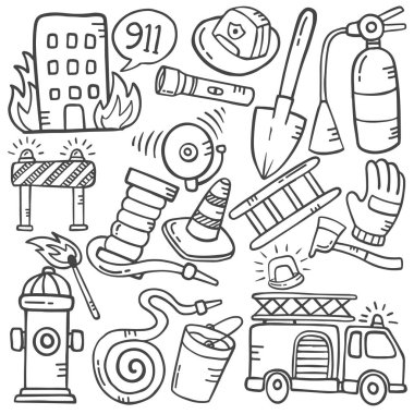 İtfaiyeci takımı konsepti karalama el çizimi set koleksiyonları ana hatları siyah ve beyaz stil vektör çizimi