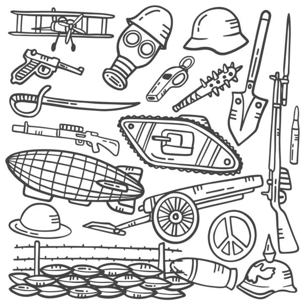 World War History Concept Doodle Hand Drawn Set Collections Outline — Stock Vector