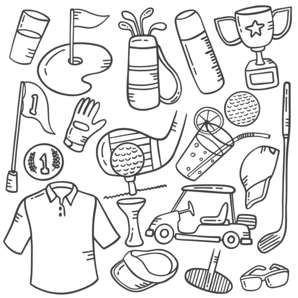 Golf Sport Concept Doodle Hand Drawn Set Collections Outline Black — Stock Vector
