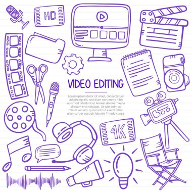 video editing concept with doodle style for template of banners, flyer, books, and magazine cover vector illustration clipart