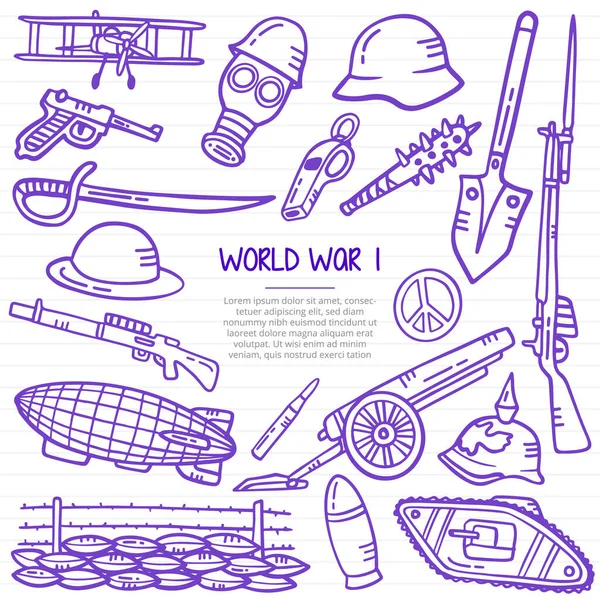 Concepto Historia Primera Guerra Mundial Con Estilo Doodle Para Plantilla — Vector de stock