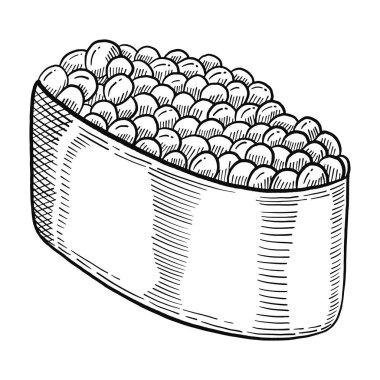 Ikura somon yumurtası roe japan ya da Japon geleneksel yemek karalama el taslağı ana hatlarıyla çizilmiş taslak çizimi