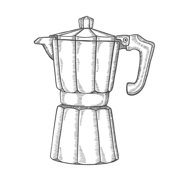 Kahve Fincanı Mokapot Aşığı Taslak Stil Çizimi Olan Tek Bir — Stok Vektör
