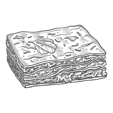 Lazanya italyan mutfağı ya da İtalyan mutfağı geleneksel karalama el çizimi ana hatlarıyla çizilmiş taslak çizimi