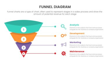 4 nokta listesiyle slayt sunumu için infografik huni 3d grafik konsepti ve şekil piramidi koni yön çizimi
