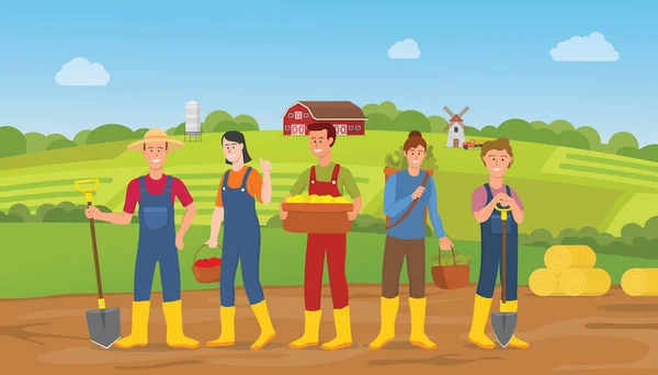 Farmer People Character Team Man Woman Farm Land Landscape Background — Vector de stock