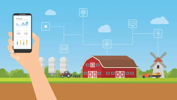 Smart Farming Data Monitoring Analyze Mobile Smartphone Technology Modern Flat — Διανυσματικό Αρχείο