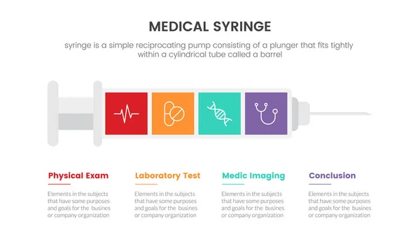 Horizontal Medical Syringe Infographic Concept Slide Presentation Point List Comparison — Stockvektor