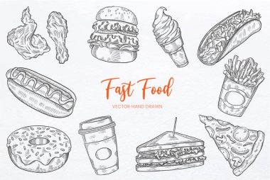 Fast Food set collection with hand drawn sketch vector illustration