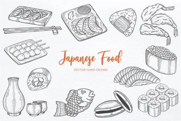 Japan Japanese Food Set Collection Hand Drawn Sketch Vector Illustration — Vector de stock