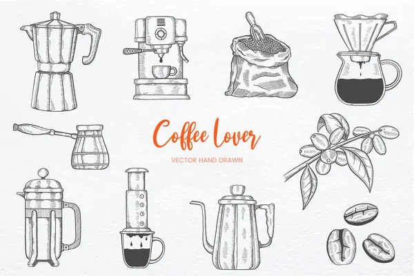 Coffee Lover Set Collection Hand Drawn Sketch Vector Illustration — Vettoriale Stock