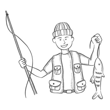 fishing fisherman catch fish isolated doodle hand drawn sketch with outline style vector illustration
