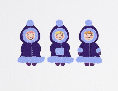 Bir grup Eskimo çocuk. Sıcak bir palto içindeki buzdan etnik insanlar.. 