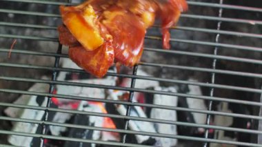 Kamp sırasında mangal kömürü üzerine kızarmış domuz eti.