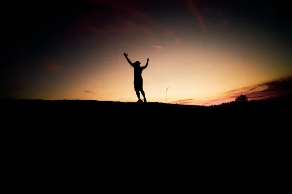 Silhouette Man Standing His Hands Happiness — Stock Photo, Image