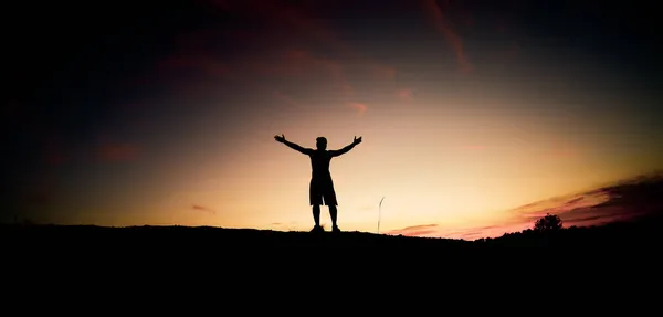 Silhouette Man Standing His Hands Happiness — Stock Photo, Image