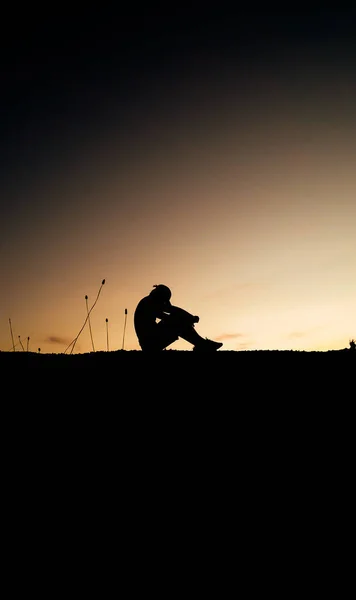 Silhouette Man Sits Lonely Despair Heartbreak Unemployment Desperate Unemployed Concept — Stock Photo, Image