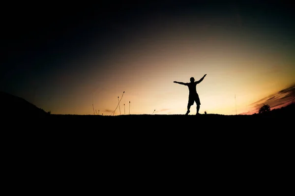 Silhouette Man Standing His Hands Happiness — Stock Photo, Image