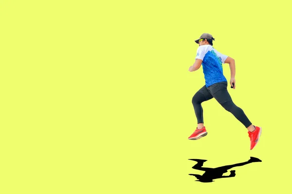 Male Runner Jumping Isolated Color Background Copy Space — Stock Photo, Image