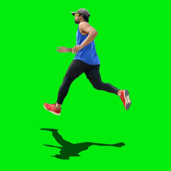 Male Runner Isolated Green Background Copy Space — Stock Photo, Image