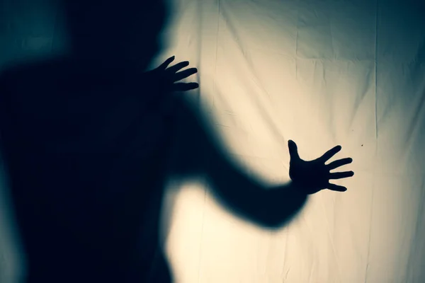 Frightening Ghost White Sheet Nightmare Scary Picture Hands Curtain Halloween — Stock Photo, Image
