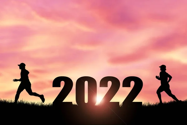 Feliz Ano Novo 2022 Conceito Silhueta Homem Pulando Livre Feliz — Fotografia de Stock