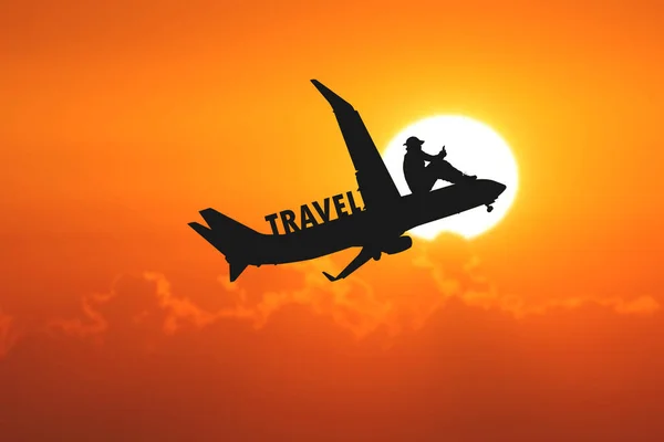Туристична Концепція Туризм Силуети Людей Сидять Літаках Встановленим Сонцем Задньому — стокове фото