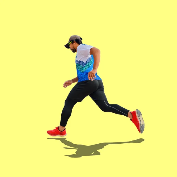 Asian Man Red Shoes Practicing Running Colored Background Withclipping Path — Fotografia de Stock