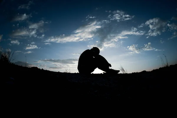 Silhouette Sad Man Sunset — Stock Photo, Image