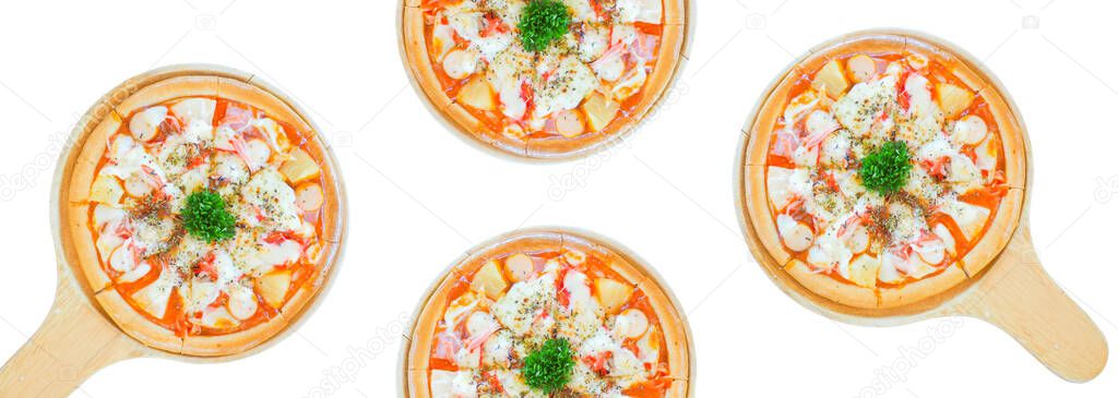Pizza in an appetizing wooden tray on background, close up