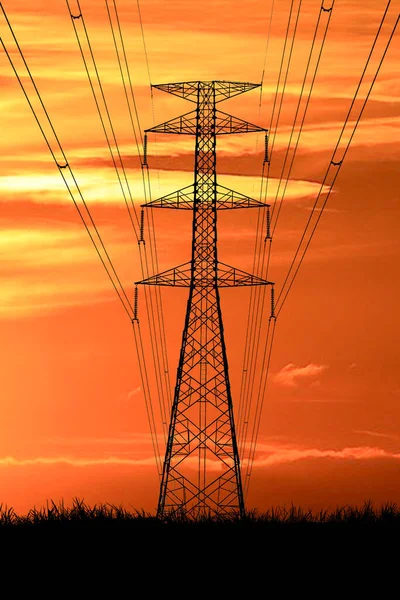 Силуэты Ветряных Турбин Высоковольтных Полюсов Поле Закате — стоковое фото