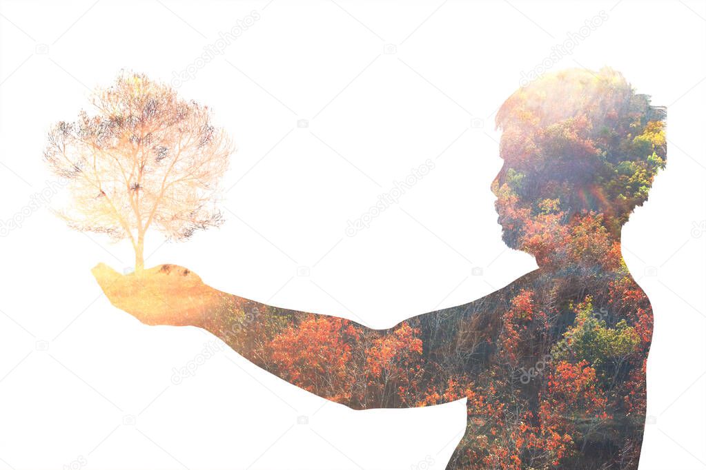 The idea of planting trees to change the environment. Shadows of people with nature embracing trees. on a white background with clipping path